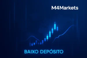 Imagem futurista de negociação forex com gráficos e luzes azuis, destacando "BAIXO DEPÓSITO" e o logotipo M4Markets no canto superior.
