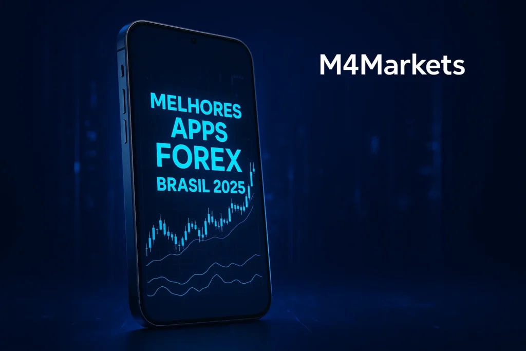 Imagem futurista de um smartphone exibindo gráficos de Forex neon (azul e ciano) no Brasil, destacando os melhores apps de negociação de 2025.