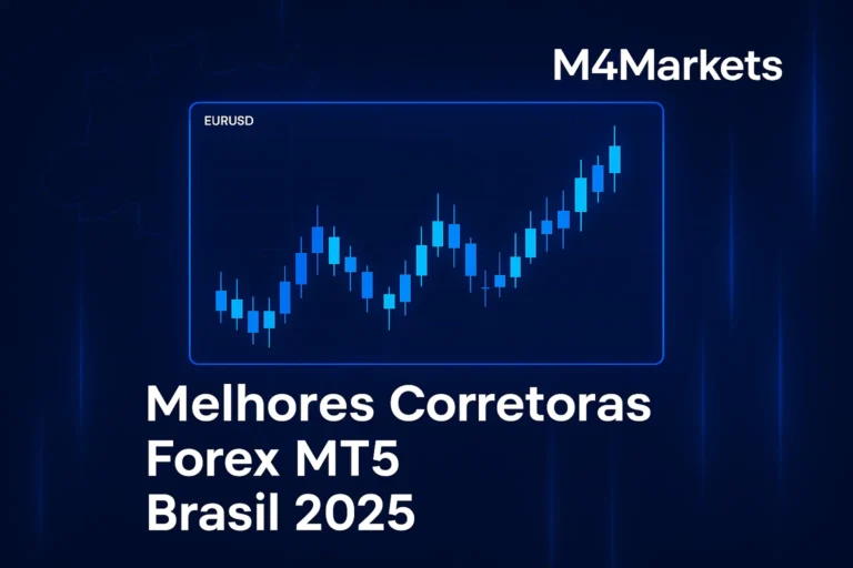 Imagem de alta tecnologia em tons de azul e neon, mostrando um gráfico de velas MT5 e o logotipo M4Markets, simbolizando sucesso em Forex no Brasil.