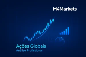 Representação visual de tecnologia de trading futurista com gráficos de ações em tons de azul néon, destacando plataformas CFD no Brasil.