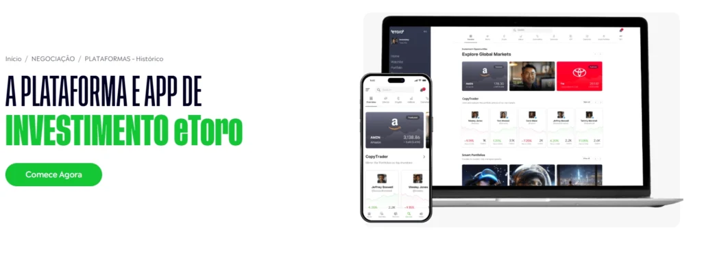 Captura de tela do aplicativo eToro no modo Copy Trading, ilustrando a negociação social e a replicação de portfólios.