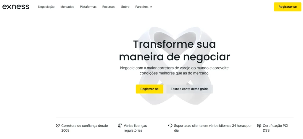Interface de negociação da Exness em um dispositivo móvel, destacando a execução de ordens rápidas e a opção de saque via Pix no Brasil.