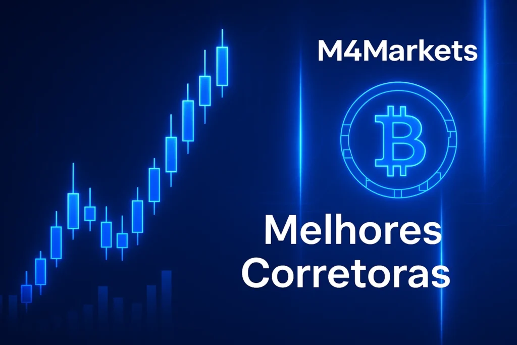 Painel de trading futurista com gráficos de criptomoedas em neon azul e o texto "Melhores Corretoras" para o mercado brasileiro.