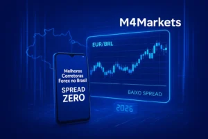 Ilustração futurista de negociação forex com gráficos e spread baixo, destacando o mercado brasileiro e a marca M4Markets.
