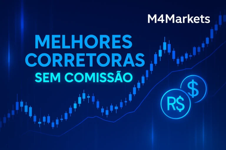 Visão futurista e tecnológica do sucesso em negociação Forex sem comissão, com gráficos de preços dinâmicos em tons de azul néon e o logo M4Markets no canto superior direito.