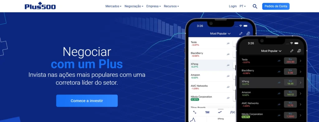 Interface simplificada e intuitiva da plataforma Plus500 em um tablet, demonstrando a facilidade de uso para negociação de CFD.