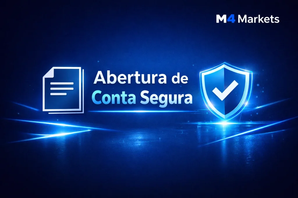 Interface digital de abertura de conta segura na FP Markets com ícones de verificação neon.