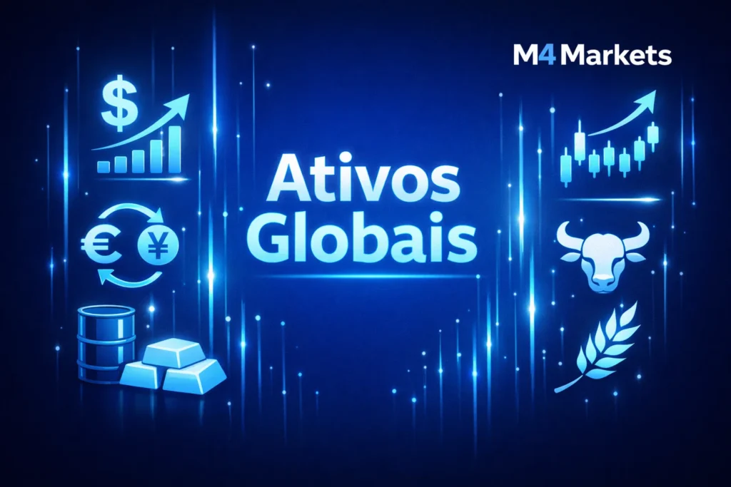 Gama de ativos de investimento e negociação incluindo forex, ações e commodities em estilo futurista.