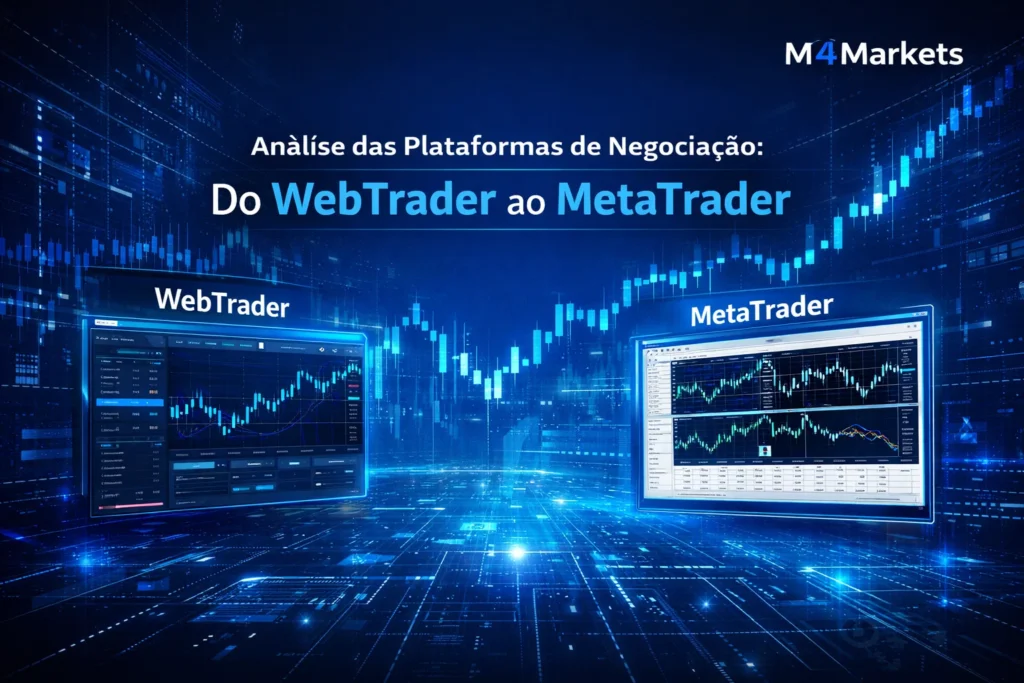 Análise das plataformas de negociação da AvaTrade, do WebTrader ao MetaTrader, em estilo futurista.