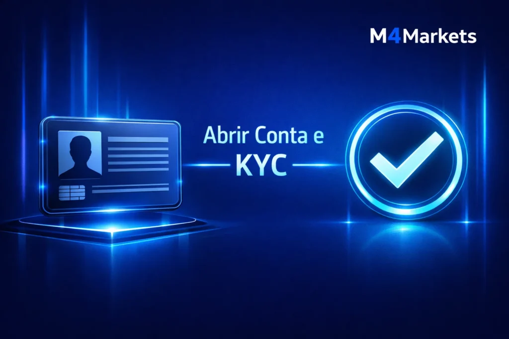 Processo de abertura de conta e verificação KYC digital com elementos tecnológicos e logo M4Markets.