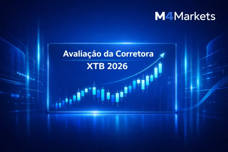 Avaliação da Corretora XTB 2026 para investidores iniciantes com gráficos de crescimento e logo M4Markets com detalhe em azul.