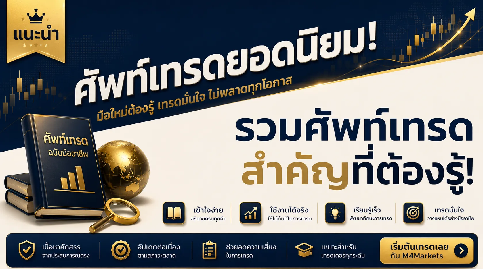 ภาพปกแนะนำคำศัพท์สำคัญที่มือใหม่ควรรู้ก่อนเทรดทองคำ ได้แก่ Spot, Spread, Lot, Margin และ Leverage