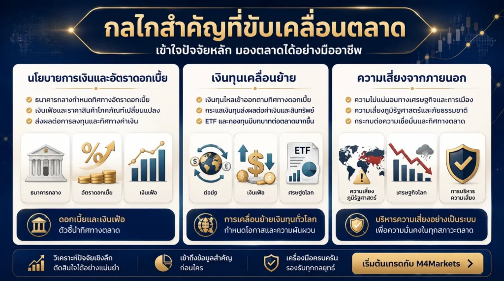 ภาพแสดงโครงสร้างที่นโยบาย Fed อัตราดอกเบี้ยที่แท้จริง ค่าเงินดอลลาร์ เงินทุน ETF และความต้องการของธนาคารกลางส่งผลต่อแนวโน้มราคาทองในระยะยาว