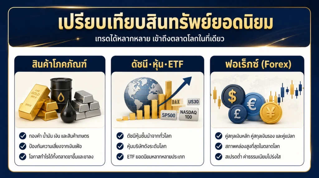 อินโฟกราฟิกทางการเงินเปรียบเทียบความเหมาะสมของทองคำสปอต ฟิวเจอร์ส ETF และ CFD สำหรับการเทรดระยะสั้น