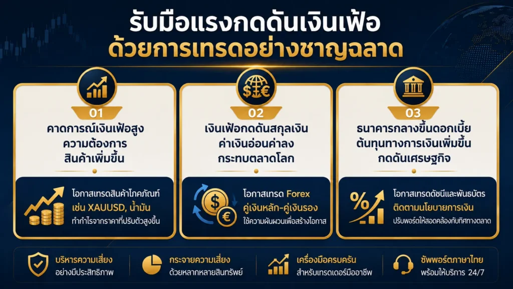ภาพแสดงการที่ตัวเลขการจ้างงานที่แข็งแกร่งลดความคาดหวังการปรับลดอัตราดอกเบี้ย ส่งผลให้ค่าเงินดอลลาร์และอัตราผลตอบแทนพันธบัตรปรับตัวสูงขึ้น และสร้างแรงกดดันต่อราคาทองคำ