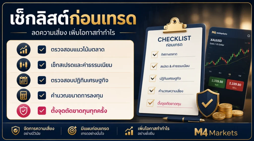 ภาพสรุปรายการตรวจสอบก่อนสแคลปทองคำ ประกอบด้วย ทิศทางตลาด ต้นทุนการเทรด กำหนดการประกาศตัวเลขเศรษฐกิจ อัตราส่วนความเสี่ยงต่อผลตอบแทน และขีดจำกัดการขาดทุน