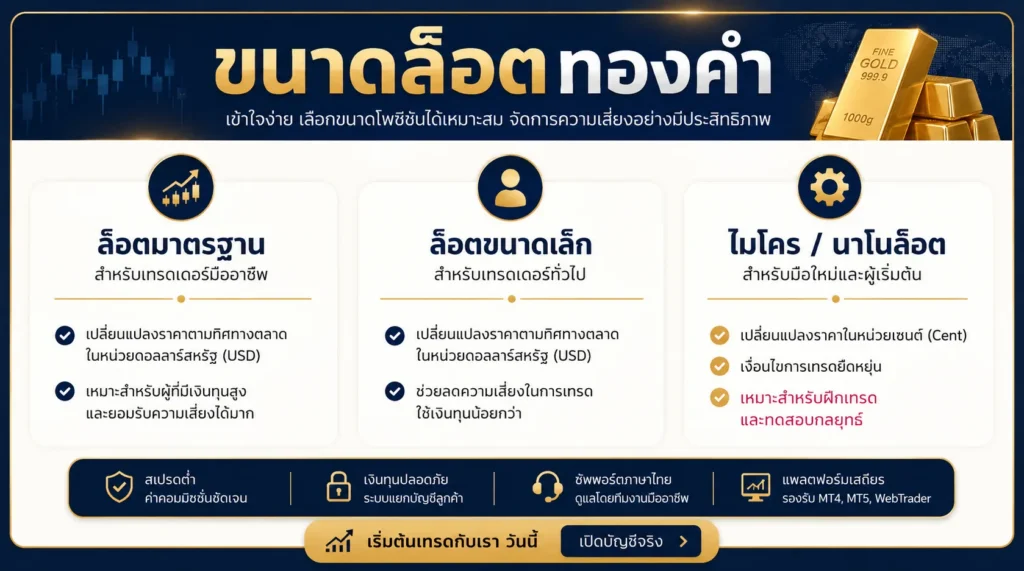 ภาพเปรียบเทียบการเปิดรับออนซ์และผลต่างกำไรขาดทุนตามการเคลื่อนไหวของราคาสำหรับล็อตทองคำแบบ Standard, Mini, Micro และ Nano