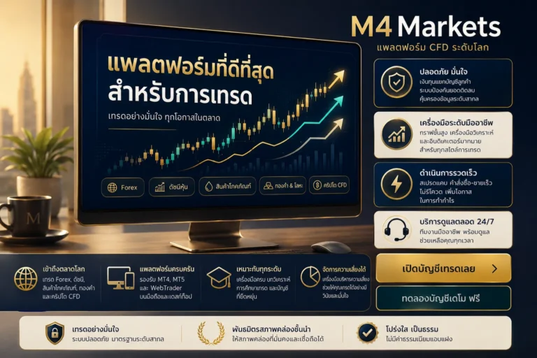 ภาพเทคโนโลยีขั้นสูงแสดงแพลตฟอร์ม Copy Trading สำหรับนักลงทุนในประเทศไทย พร้อมแสงนีออน กระแสข้อมูล และโลโก้ M4Markets ที่มุมขวาบน
