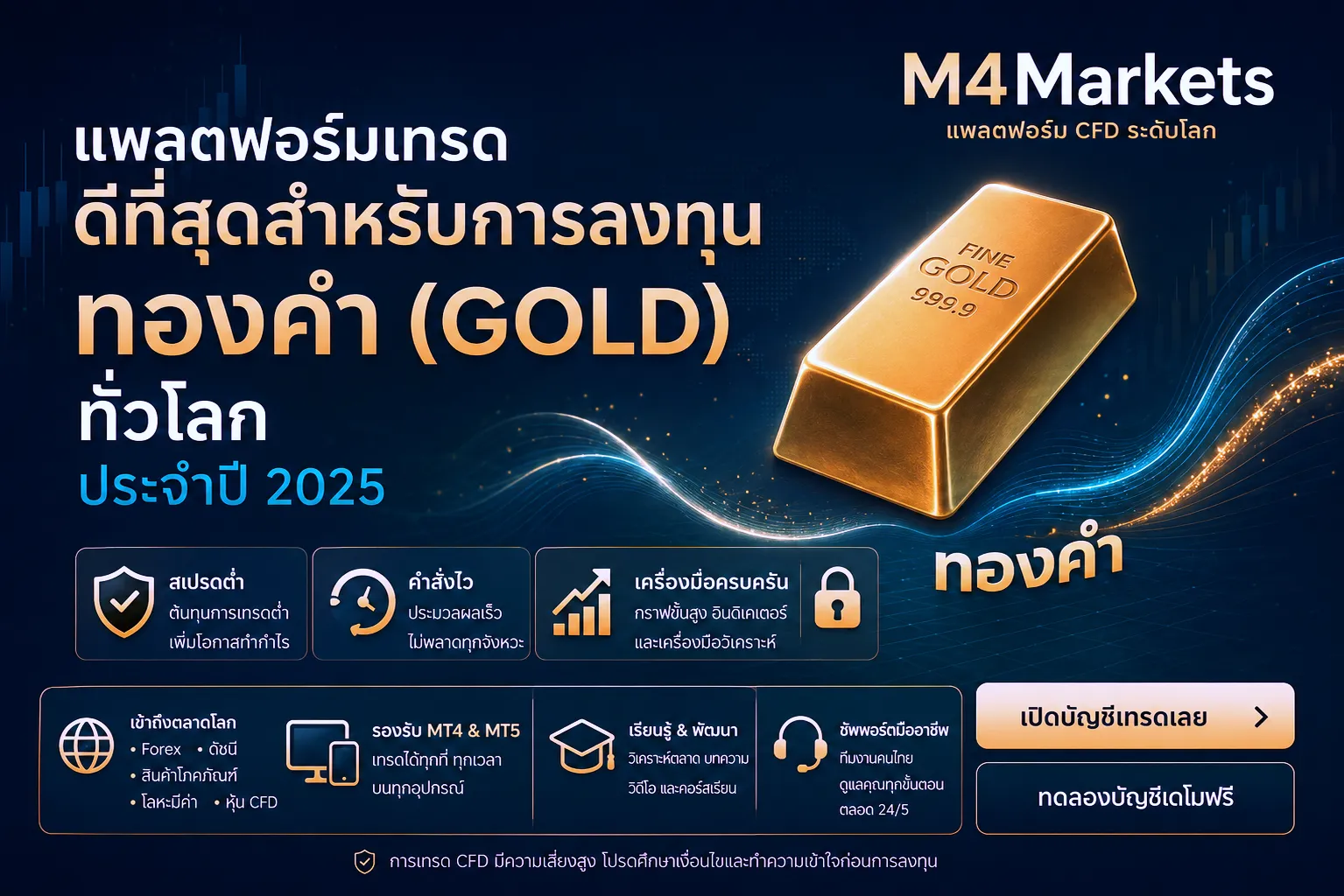 แพลตฟอร์มเทรดทองคำที่ดีที่สุดในประเทศไทยปี 2026 นำเสนอภาพแท่งทองคำดิจิทัลและกราฟฟิกสีฟ้าแบบอนาคต