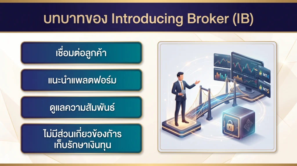 อินโฟกราฟิกแสดงบทบาทของ Introducing Broker ในการเชื่อมต่อและสนับสนุนลูกค้า โดยไม่ถือครองเงินทุนของลูกค้า