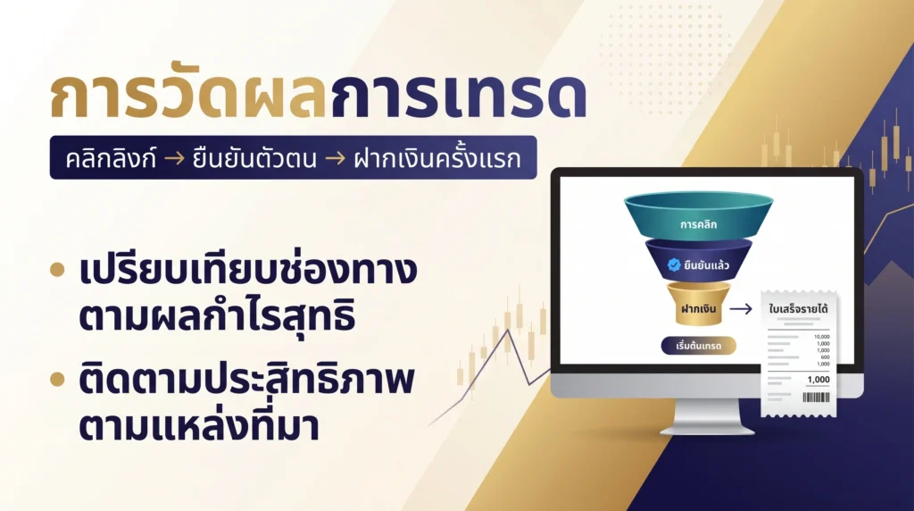 กราฟิกแสดงกระบวนการแปลงตั้งแต่การคลิกลิงก์ไปจนถึงการยืนยันตัวตนและการฝากเงินครั้งแรก พร้อมเกณฑ์การวัดรายได้สุทธิ