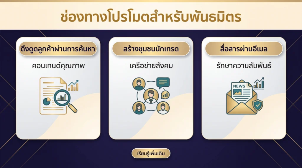 อินโฟกราฟิกสรุปช่องทางโปรโมตลิงก์แนะนำผ่านคอนเทนต์ค้นหา โซเชียลมีเดีย และการสื่อสารทางอีเมล