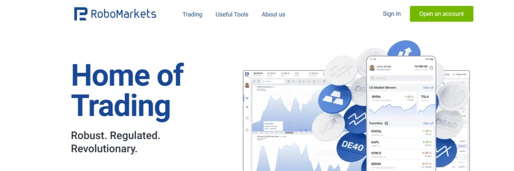 Logo RoboMarkets, tập trung vào robot giao dịch hoặc tính năng copy trading, cho thấy đây là sàn môi giới với nhiều công cụ đầu tư đa dạng.