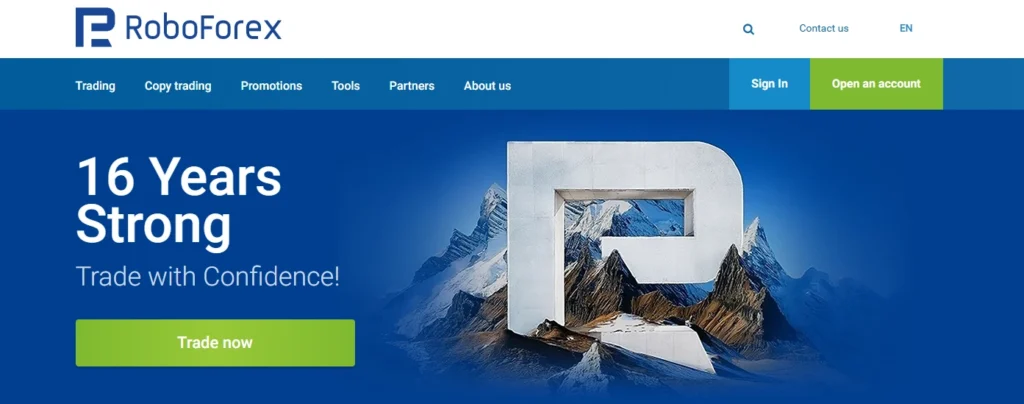 Màn hình copy trading hoặc R Trader của RoboForex, hiển thị các công cụ giao dịch tự động và nhiều chương trình thưởng hấp dẫn.