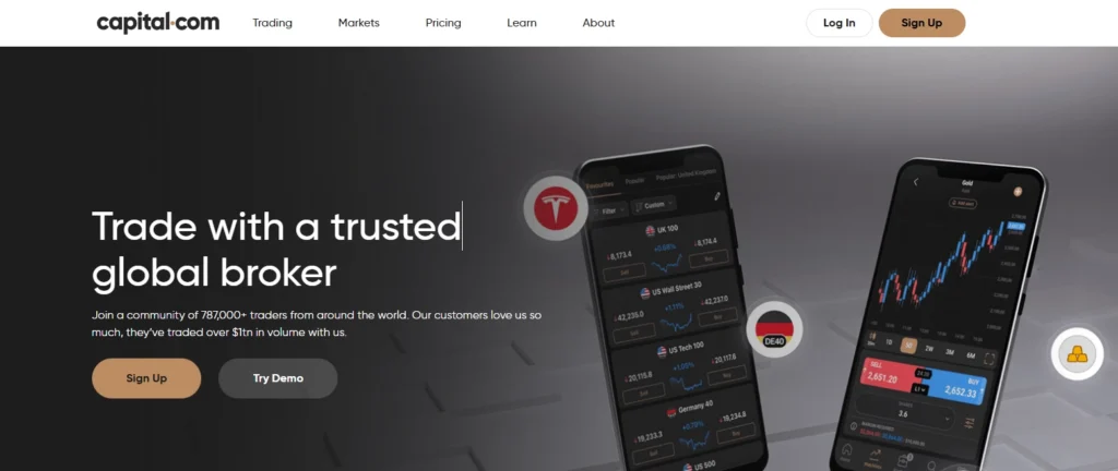 Giao diện nền tảng Capital.com nổi bật với các tài nguyên giáo dục và công nghệ phân tích dựa trên AI.