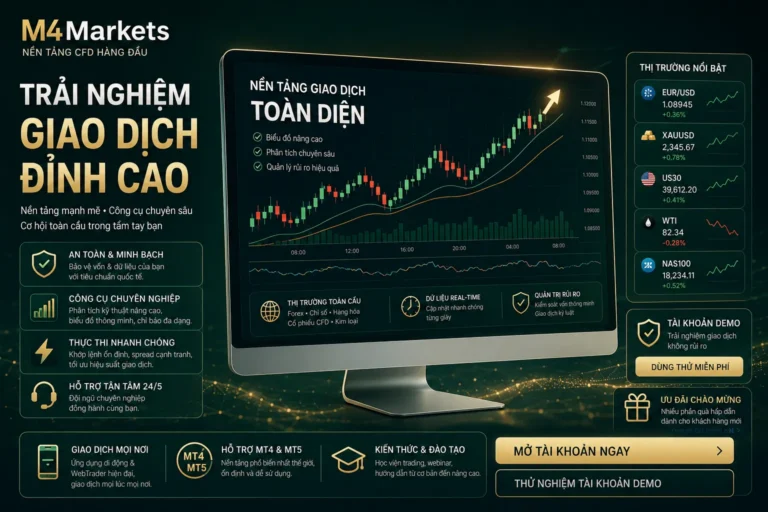 Hình ảnh công nghệ cao thể hiện các nền tảng copy trading dành cho thị trường Việt Nam. Ánh đèn neon, luồng dữ liệu và logo M4Markets ở góc trên bên phải.