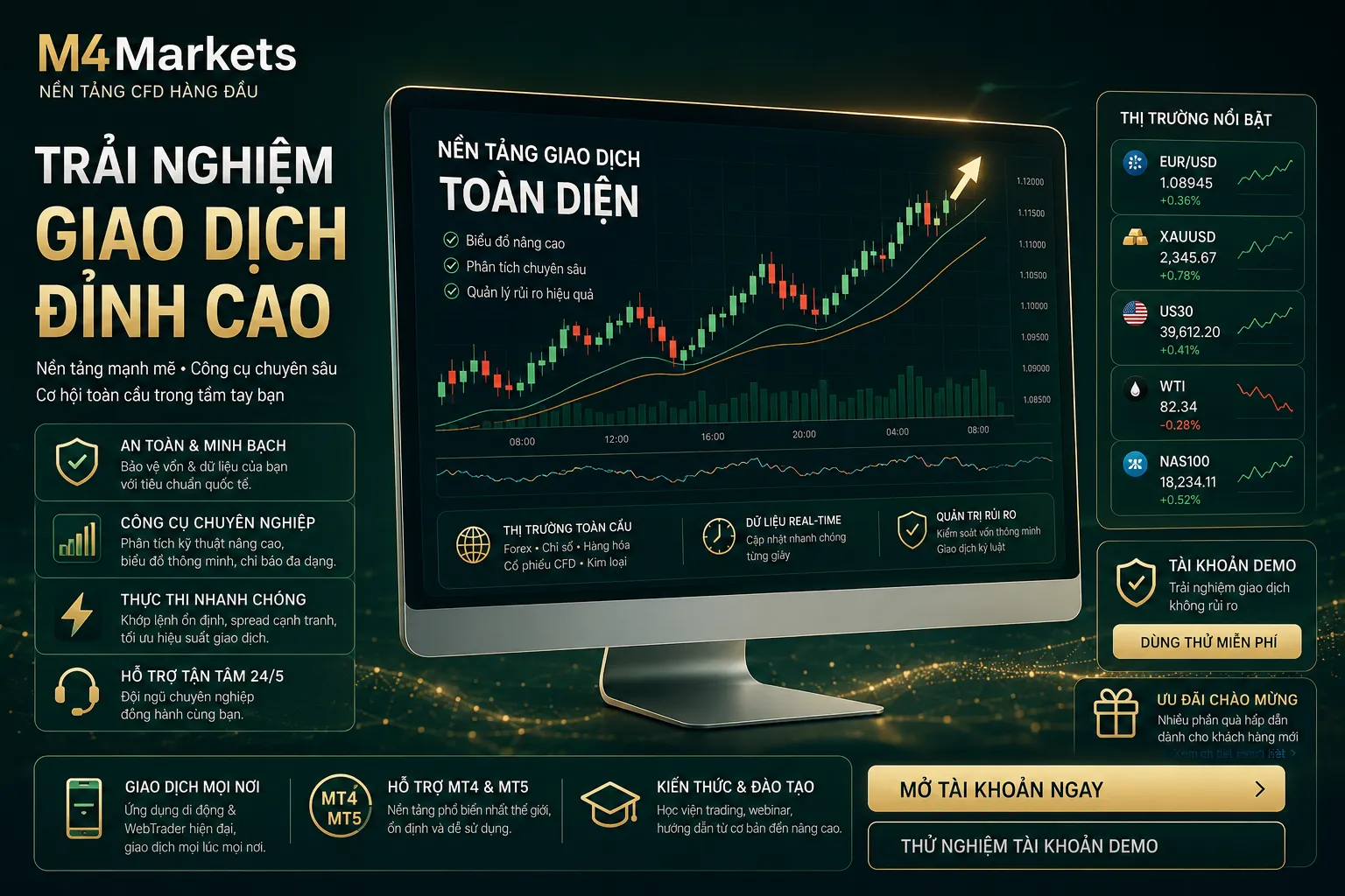 Hình ảnh công nghệ cao thể hiện các nền tảng copy trading dành cho thị trường Việt Nam. Ánh đèn neon, luồng dữ liệu và logo M4Markets ở góc trên bên phải.