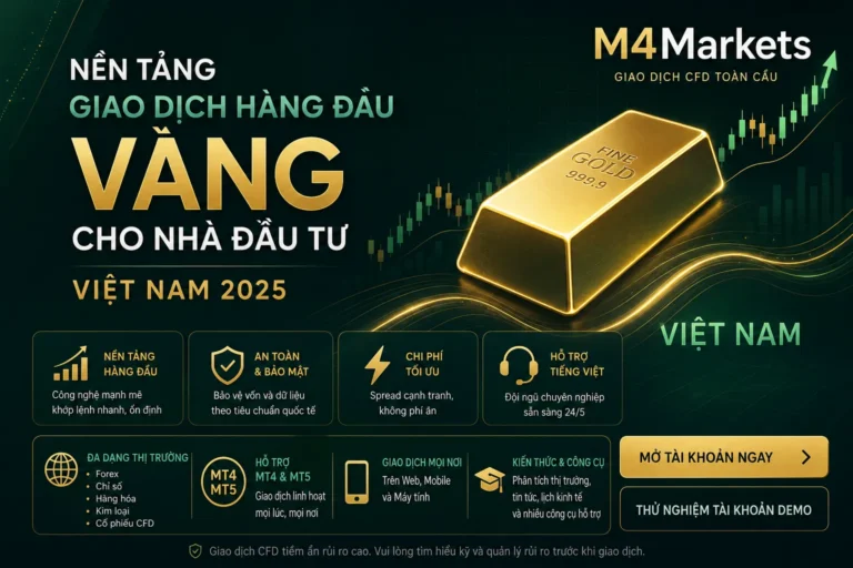 Các nền tảng giao dịch vàng tốt nhất tại Việt Nam năm 2026, với hình ảnh thỏi vàng kỹ thuật số và biểu đồ màu xanh tương lai.