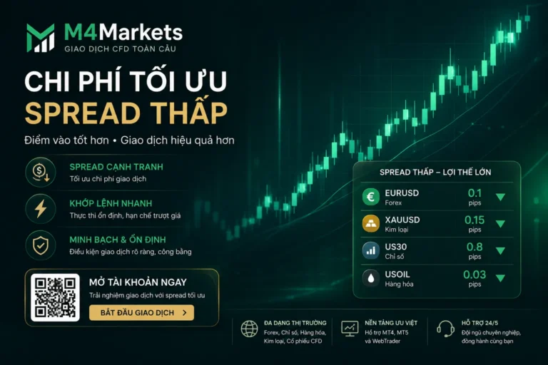 Hình ảnh công nghệ tương lai với điểm nhấn màu xanh neon và logo M4markets, đại diện cho các sàn forex có spread thấp nhất.