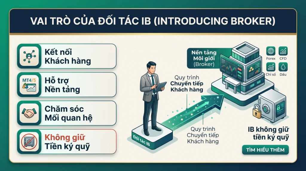 Infographic minh họa vai trò của Introducing Broker trong việc kết nối và hỗ trợ khách hàng mà không trực tiếp nắm giữ vốn của họ.