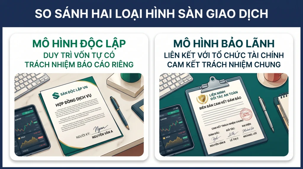 Đồ họa so sánh yêu cầu vốn, trách nhiệm báo cáo và mối quan hệ vận hành giữa IB độc lập và IB được bảo lãnh.