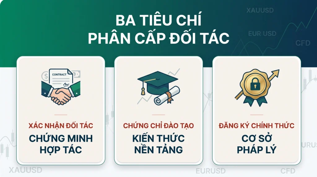 Đồ họa so sánh sự khác biệt và hiệu lực pháp lý giữa giấy xác nhận đối tác, chứng chỉ đào tạo và đăng ký chính thức.