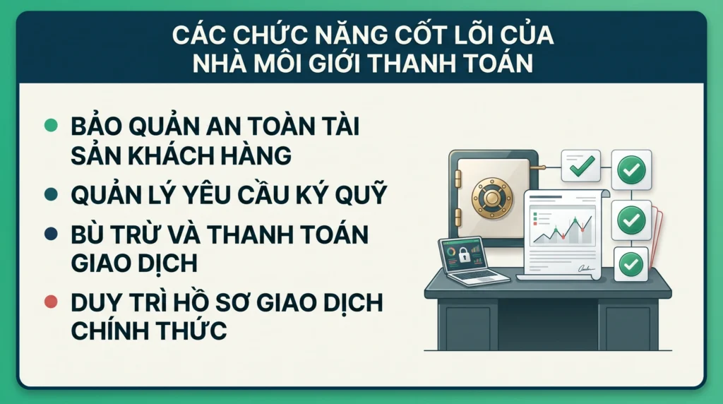 Đồ họa tài chính tóm tắt các chức năng của clearing broker bao gồm lưu ký tài sản, quản lý ký quỹ và thanh toán bù trừ giao dịch.