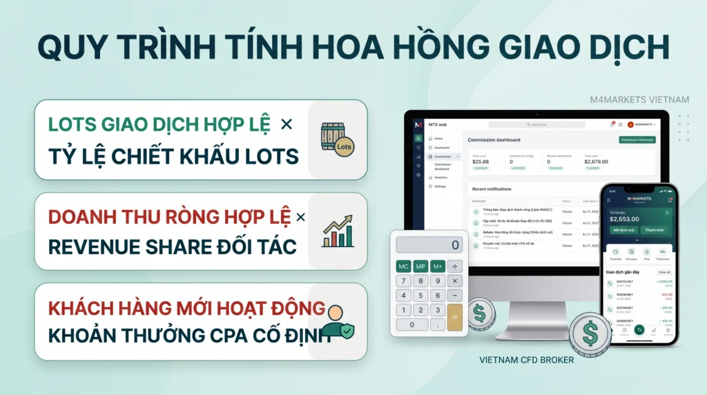 Đồ họa minh họa cách tính hoa hồng giới thiệu dựa trên khối lượng giao dịch, doanh thu hợp lệ và số lượng khách hàng mới.