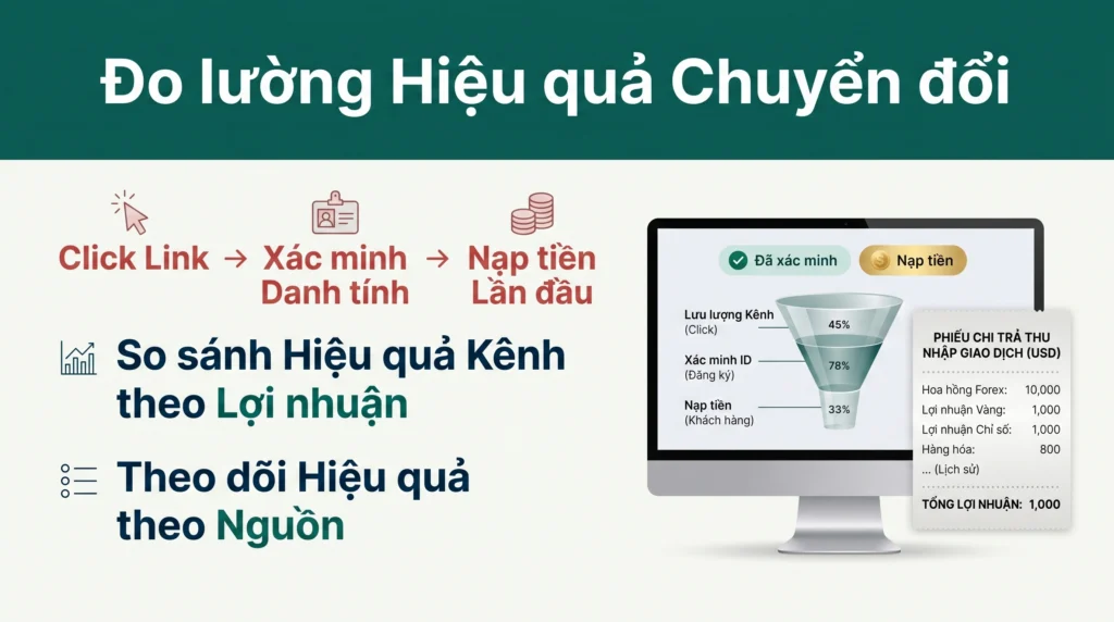 Đồ họa minh họa luồng chuyển đổi từ lượt nhấp link đến xác minh danh tính và nạp tiền lần đầu, cùng các tiêu chí đo lường lợi nhuận ròng.