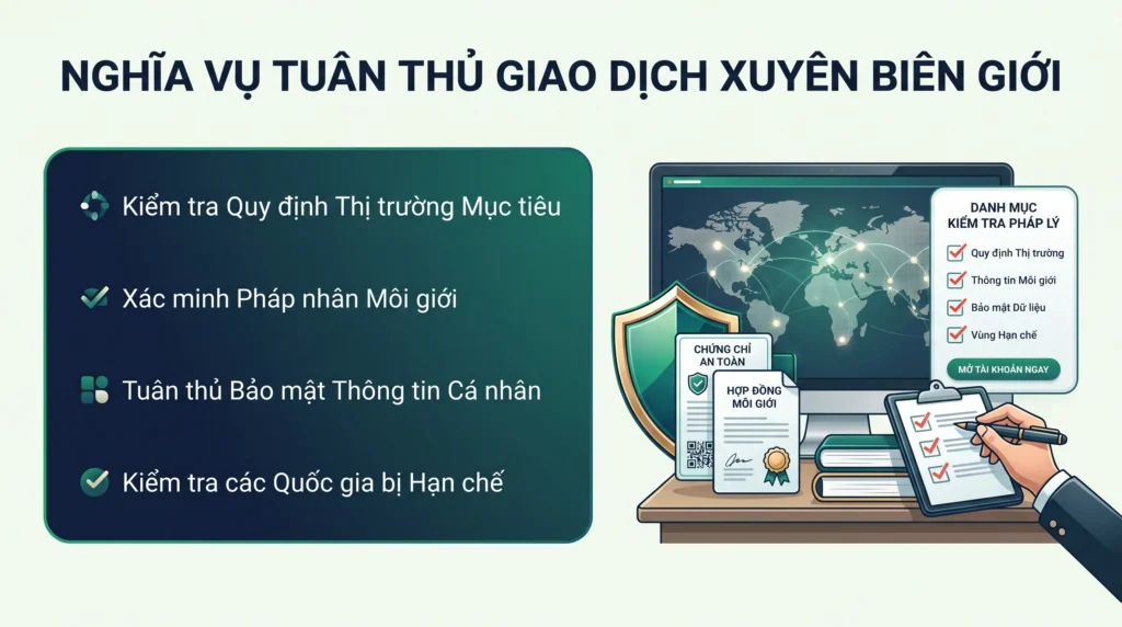 Đồ họa tóm tắt các quy định về thị trường mục tiêu, bảo vệ dữ liệu, quốc gia bị hạn chế và yêu cầu pháp nhân môi giới mà các nhà môi giới giới thiệu hoạt động xuyên biên giới cần kiểm tra.