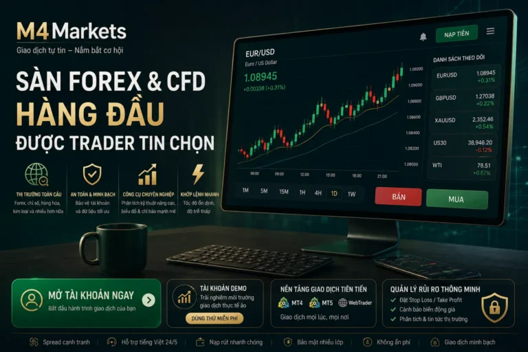 Hình ảnh hiển thị các sàn Forex tốt nhất dành cho người mới bắt đầu tại Việt Nam năm 2025 trên màn hình đặt trên bàn làm việc gọn gàng, cùng biểu đồ EUR/USD và nội dung tiếng Việt