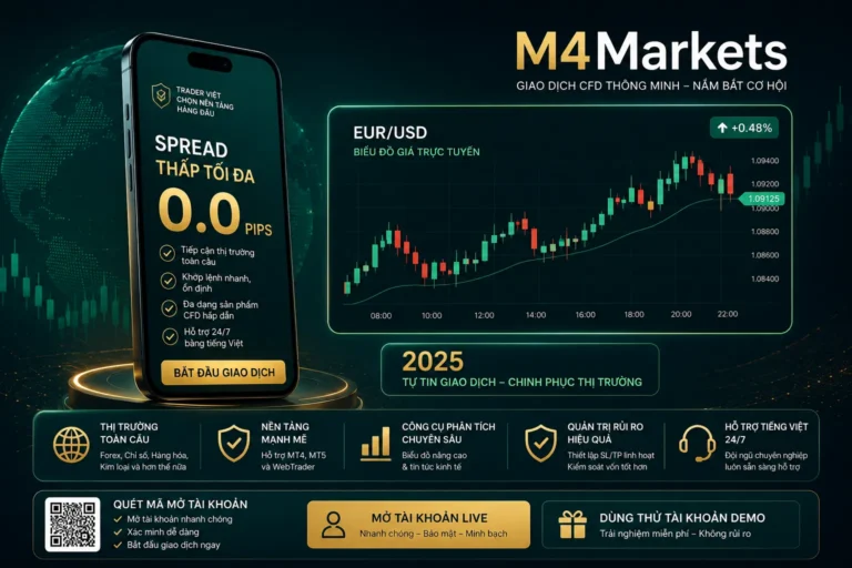 Hình ảnh minh họa giao dịch Forex phong cách tương lai với biểu đồ và spread thấp, tập trung vào thị trường Việt Nam và thương hiệu M4Markets