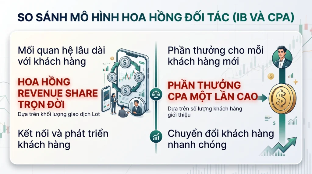 Infographic so sánh mô hình introducing broker tập trung vào hoa hồng lặp lại với mô hình affiliate tập trung vào phần thưởng một lần.