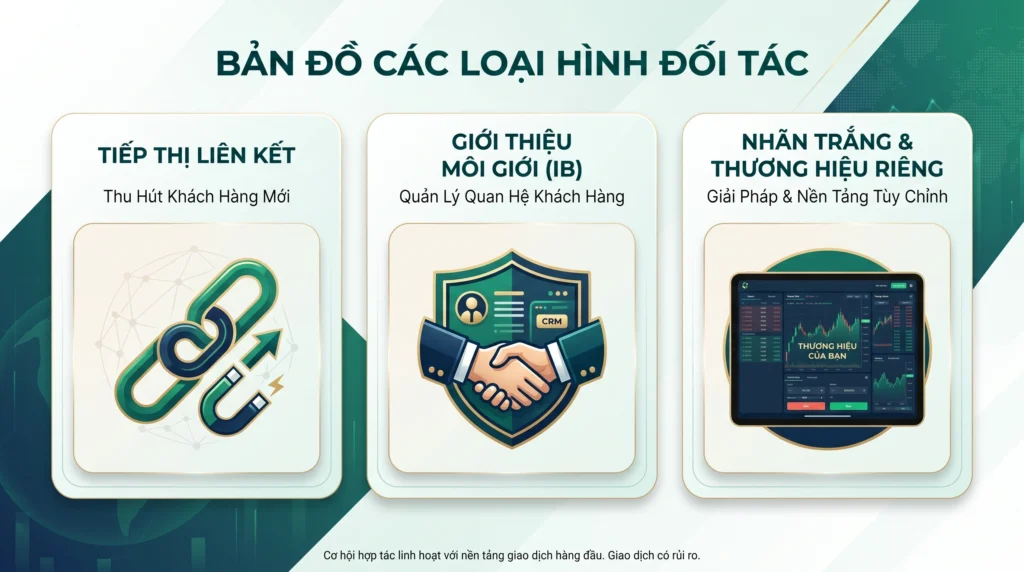 Đồ họa so sánh các loại hình hợp tác broker theo hình thức tiếp thị liên kết, giới thiệu môi giới và chia sẻ thương hiệu.