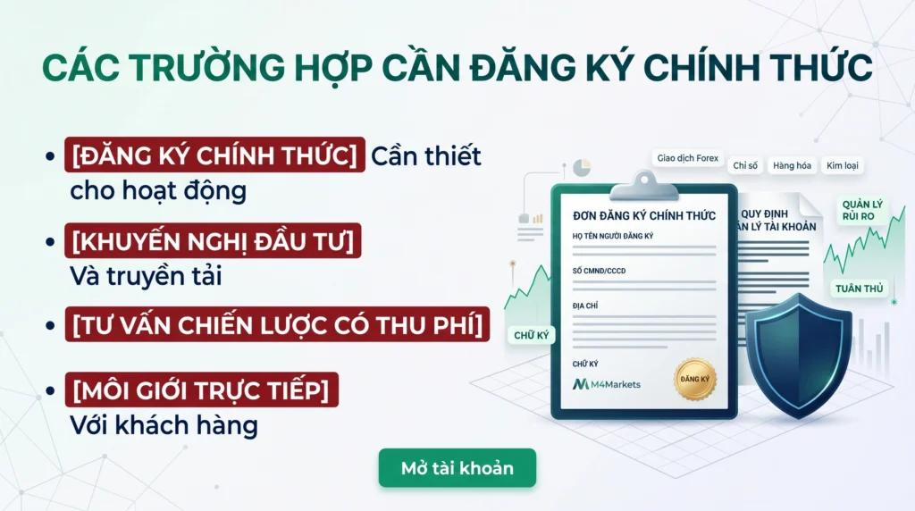 Hình ảnh minh họa cho thấy việc đăng ký chính thức có thể được yêu cầu đối với các hoạt động chào mời lệnh, tư vấn có thu phí và môi giới trực tiếp với khách hàng.