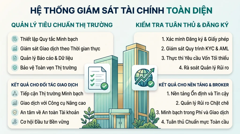 Đồ họa minh họa cơ cấu phân chia trách nhiệm giữa hai cơ quan quản lý của Mỹ trong việc thiết lập tiêu chuẩn đăng ký và giám sát tuân thủ.