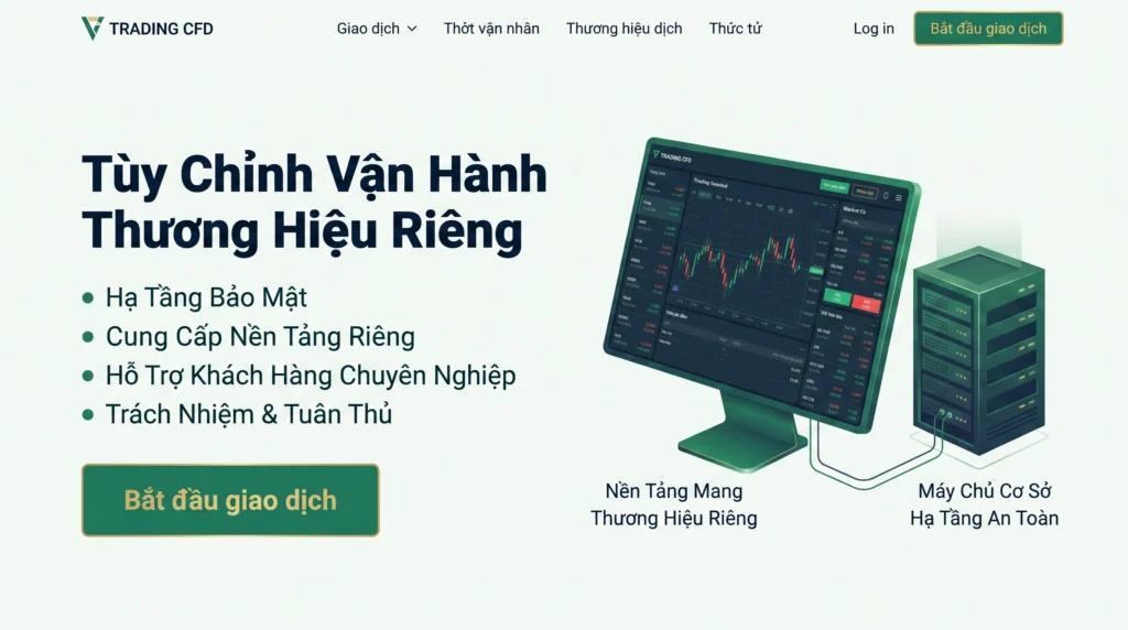 Đồ họa minh họa cơ cấu vận hành dịch vụ giao dịch mang thương hiệu riêng bằng cách tận dụng hạ tầng của broker nền tảng.