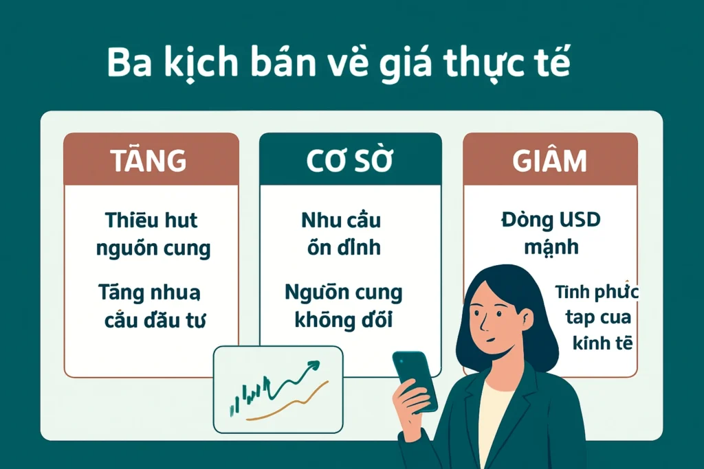 Đồ họa thông tin tài chính so sánh ba kịch bản giá bạc vật chất: tăng, cơ sở và giảm.