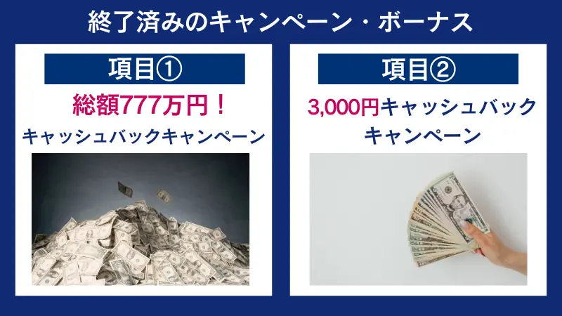 終了済みのXS.comのボーナスキャンペーンであるキャッシュバックキャンペーンを２つまとめた画像