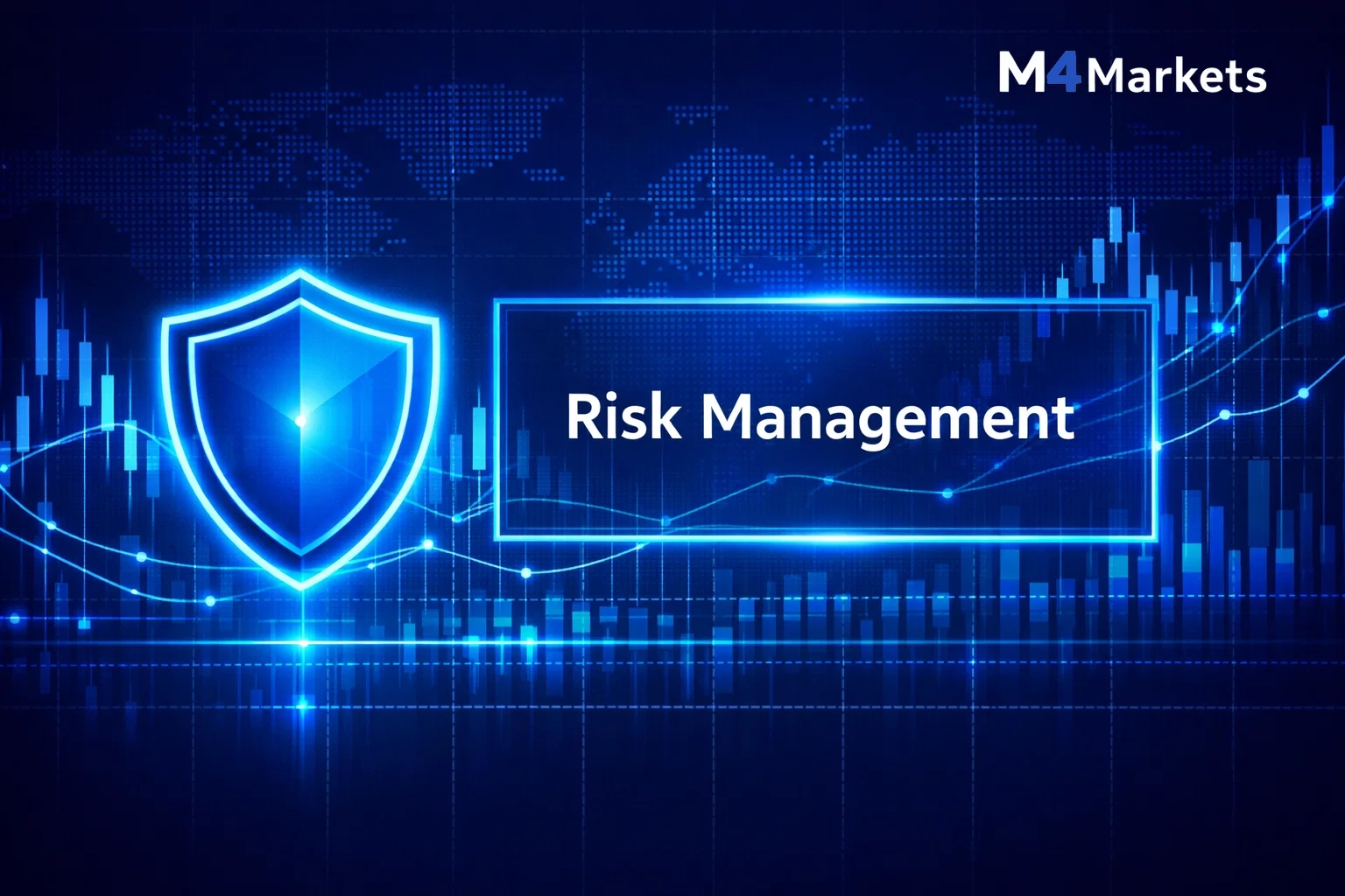Digital shield icon overlaid on financial data grid representing secure risk management for stock trading.